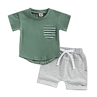 VISGOGO Baby Boy Summer Clothes Outfits Set Short Sleeve Striped T-Shirt Tops + Short Pants 6 12 18 24 Months 2T 3T