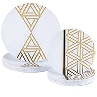 Party Plastic Plates – White and Gold Triangle Deco Design - Round - 32 Count- Elegant Premium Heavyweight Combo Pack for Versatile Celebrations (7.5”, 10.25”) 16 of Each Size