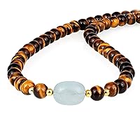Women Necklace Aquamarine And Golden Tiger Eye Gemstone Beads Handmade Necklace in 925 Silver with Yellow Gold Plated Chain 18 Inches