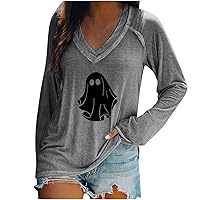 Spooky Season Blouses for Women Ghost Pattern V Neck Long Sleeve Raglan Halloween Shirts Casual Loose Fitted Tunics Tops