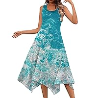 Midi Dresses for Women Flowy Hankerchief Hem Beach Dress Floral Printed Sleeveless Sundress Crewneck Tank Dresses