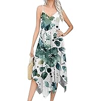 Women's Summer Casual Floral Print Sleeveless V-Neck Flowy Dresses Irregular Hem Beach Elegant Sundresses with Pockets