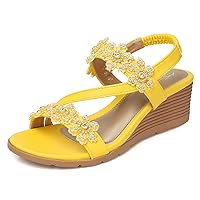 SHIBEVER Womens Sandals Wedge Flower: Open Toe Elastic Ankle Strap Wedge Sandal - Dressy Sandals Women - Comfortable Summer Bohemia