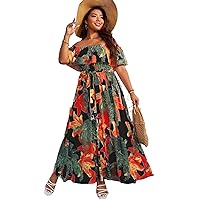 Womens Plus Size Dresses Summer Floral Print Off Shoulder Ruffle Trim Belted Maxi Dress