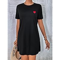 Summer Dresses for Women 2022 Heart Embroidered Tee Dress (Color : Black, Size : Small)