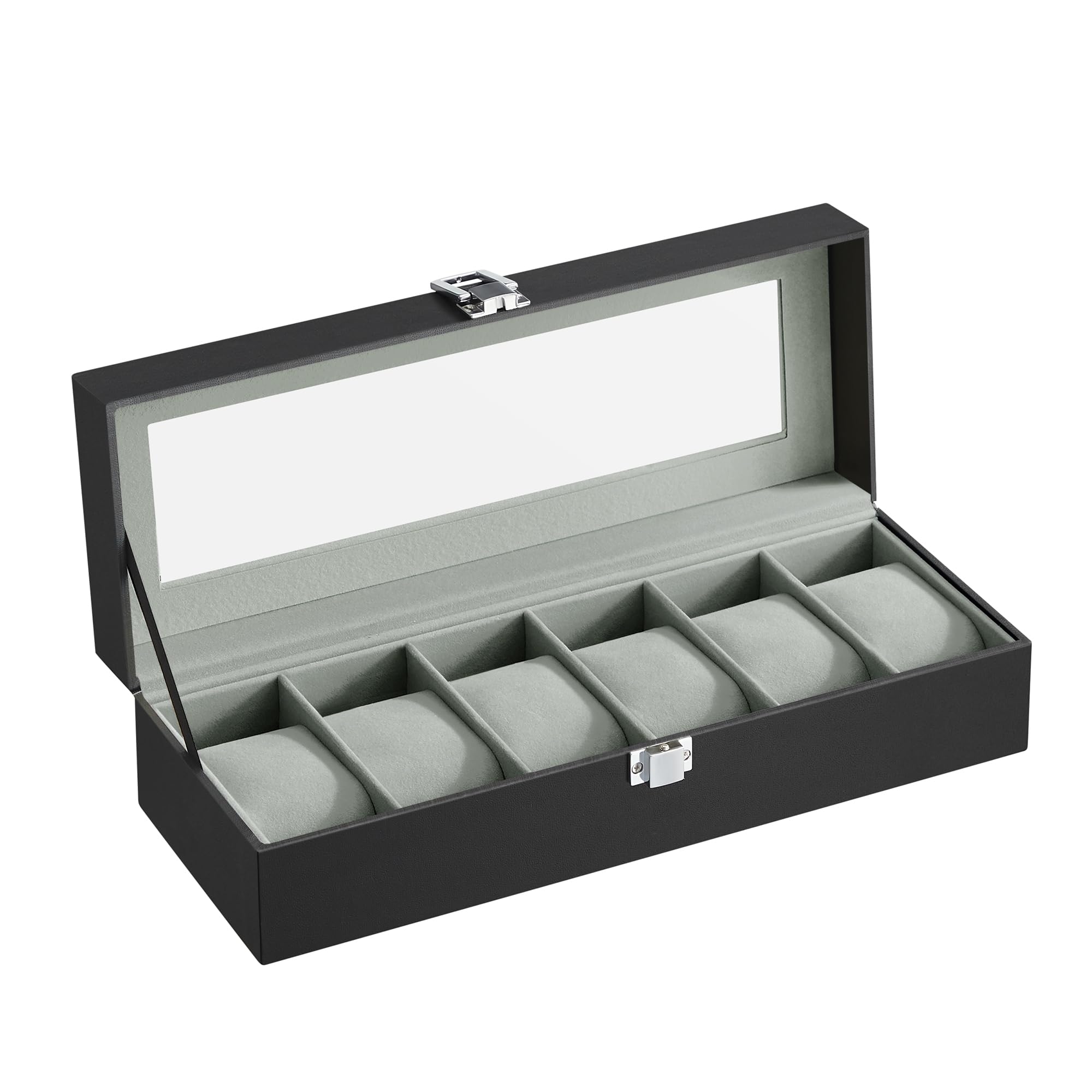 SONGMICS Watch Box, 6-Slot Watch Case with Large Glass Lid, Removable Watch Pillows, Watch Box Organizer, Gift for Loved Ones, Black Synthetic Leather, Gray Lining UJWB06BK