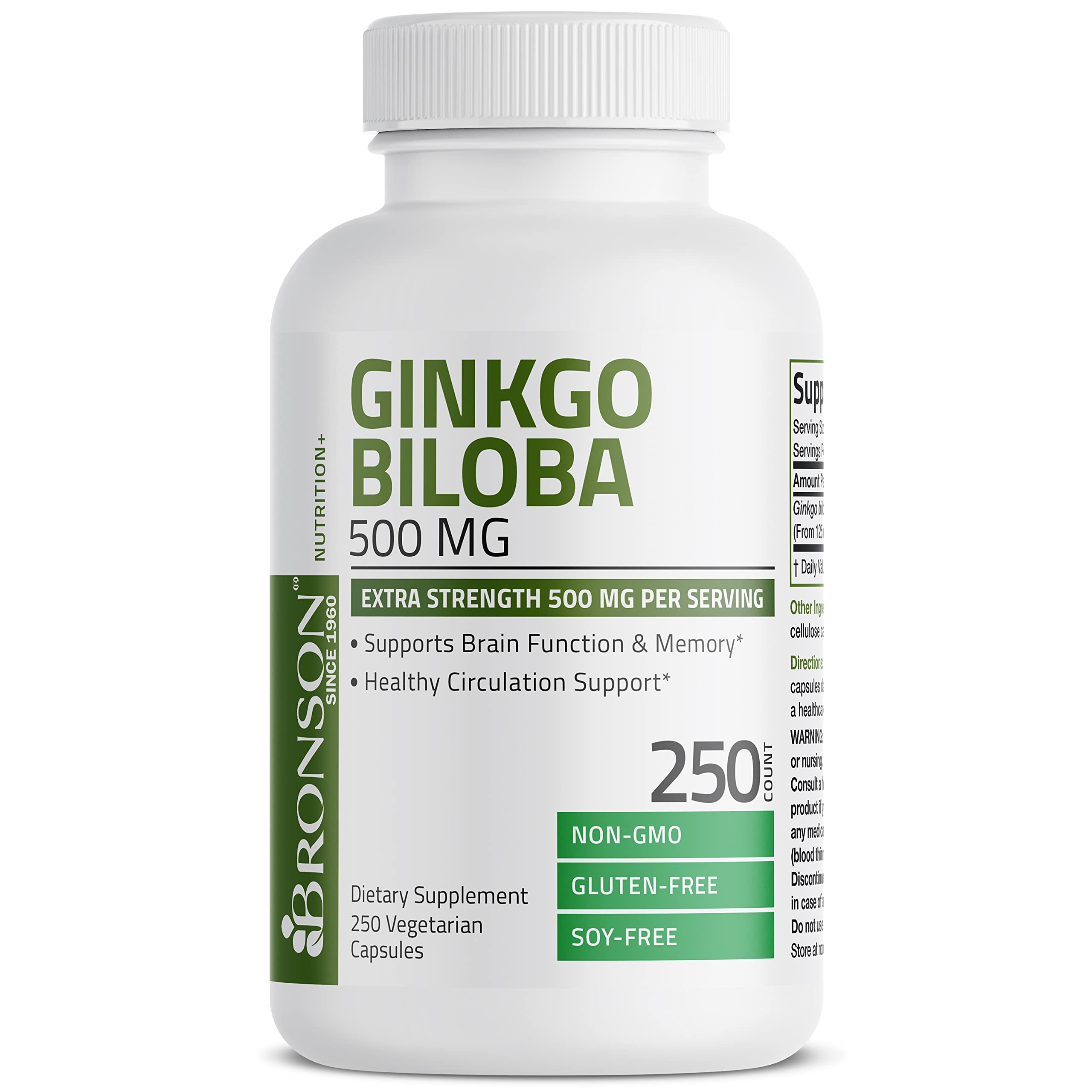 Bronson Ginkgo Biloba 500mg Extra Strength 500mg per Serving - Supports Brain Function & Memory Support, 250 Vegetarian Capsules