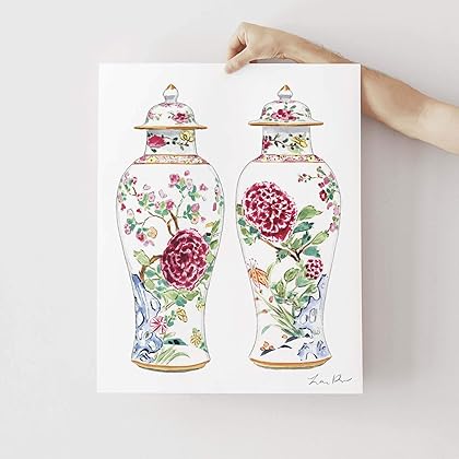 Pair of Rose Famille Ginger Jar Vases Art Print of Watercolor Painting
