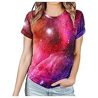 Summer Tops for Women Casual T Shirts Short Sleeve Star Sky Print Tees Round Neck Loose Pullover Top T-Shirts