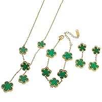 Five Leaf Lucky Clover Jewelry Set, Minimalist Creative Plant Flower Design Four leaf clover 18K Gold Plated Stainless Steel Pendant Necklace Earrings Bracelet Jewelry Set (3pcs green set v2)