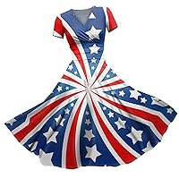 Women's 4Th of July Dress Casual Printed V-Neck Pullover Sleeveless Waist Cinching Dress, S-3XL