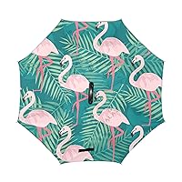 ALAZA Pink Flamingo Tropical Palm Leaf Windproof Inverted Open Close Reverse Rain Umbrella Inside Out Quality Waterproof Parasol Upside Down Stick Shelter with Hook c Handle