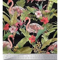 Soimoi Cotton Canvas Black Fabric - by The Yard - 56 Inch Wide - Flamingo & Leaves Tropical - Flamingo Haven: Exotic Leaves with Pink Flamingos Printed Fabric