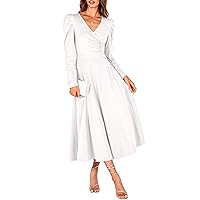 PRETTYGARDEN Women's 2024 Fall Midi Dress Puff Long Sleeve Wrap V Neck A Line Flowy Casual Elegant Cocktail Party Dresses
