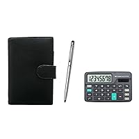 T23-D-LS002B-TP02 Eco B7 Cowhide Leather Mini Notebook with Mini Calculator, Black, Smartphone Touch Slim Rotating Ballpoint Pen Set