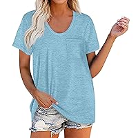 Womens Shirts Plain T Shirts for Women Simple Classic Casual Trendy Versatile with Short Sleeve V Neck Pockets Blouses Light Blue 4X-Large