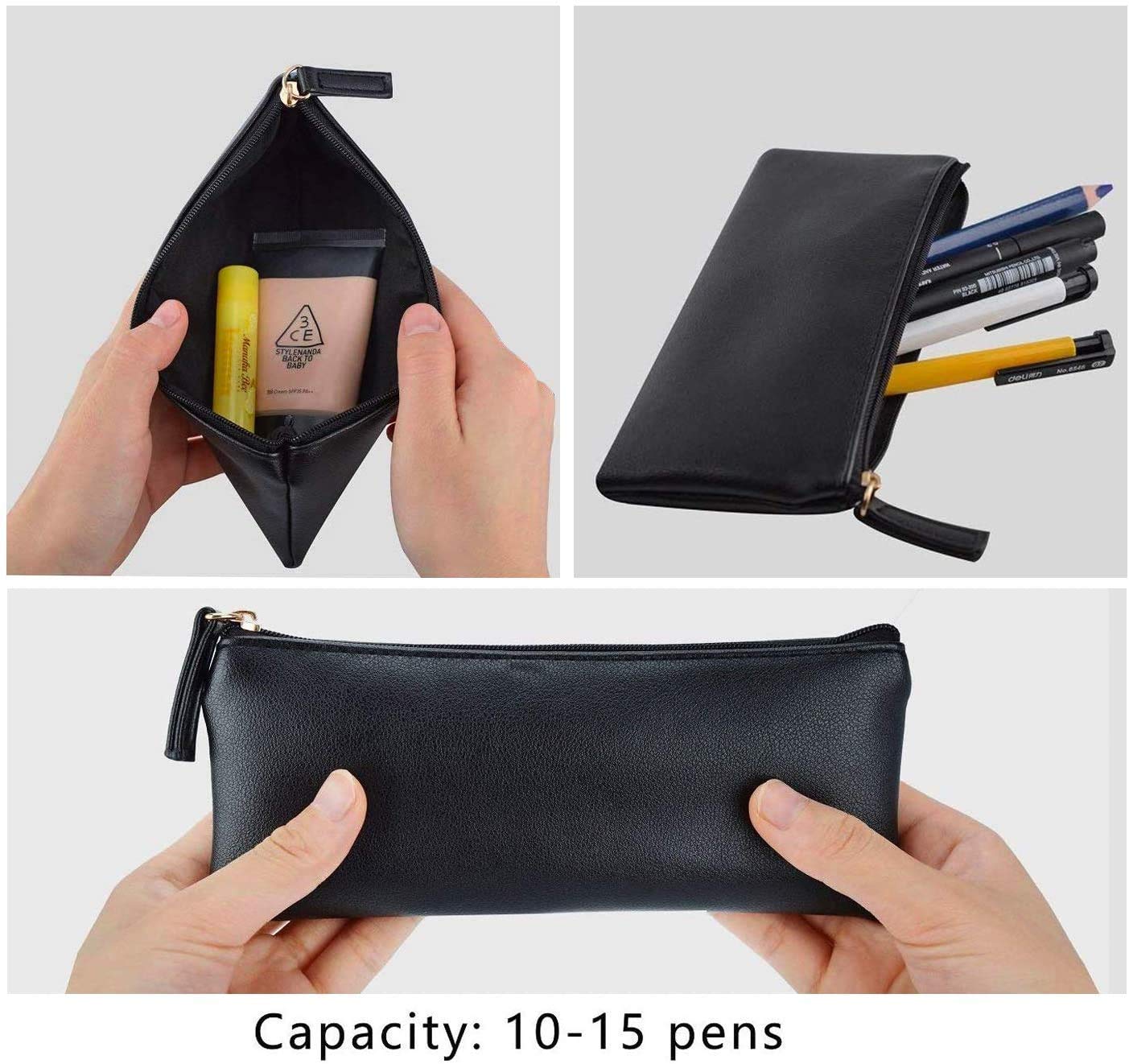 MROCO Pencil Case Pencil Pouch Black Pencil Bag PU Leather Pen Case Small Zipper Pouch for Pencils, Pens, Markers, Makeups, Change, Coins