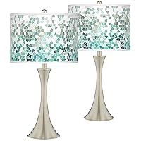 Trish Aqua Mosaic Brushed Nickel Touch Table Lamps Set of 2 with Print Shade