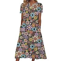 Dress for Women Fashion Casual V Neck Short Sleeve Floral Print Sling Dress with Plus Size Casual Dresses