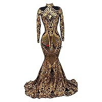 Black Gold Sequined Mermaid Long Sleeve Prom Evening Shower Party Dress Celebrity Pageant Wedding Gown