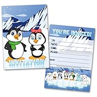 Leigha Marina Penguins Party Invitation Cards for Kids, 20 Invites & 20 Envelopes - Fill in the Blank Greeting Notes - Multi-Use, Birthday, Themed Celebration