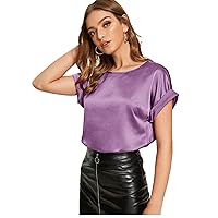 Floerns Women's Casual Solid Rolled Cap Short Sleeve Satin Silk Blouse Tops
