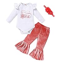 Viworld Baby Girl Birthday Clothes Snowflake First One Romper+Velvet Flared Pants-Hairband 3Pcs Cake Smash Outfits