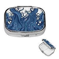 Pill Box 3 Compartment Square Small Pill Case Travel Pillbox for Purse Pocket Blue Tentacles Metal Medicine Organizer Portable Pill Container Holder to Hold Vitamins Medication Supplements