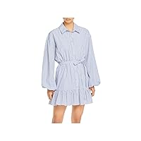 Cinq A Sept Womens White Belted Ruffled Button Front Striped Balloon Sleeve Collared Short Party Shirt Dress 10