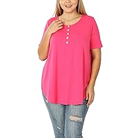 Women's Plus Size Casual Crew Neck Button Trim Front Chest Short Sleeve Stretchy Jersey Top