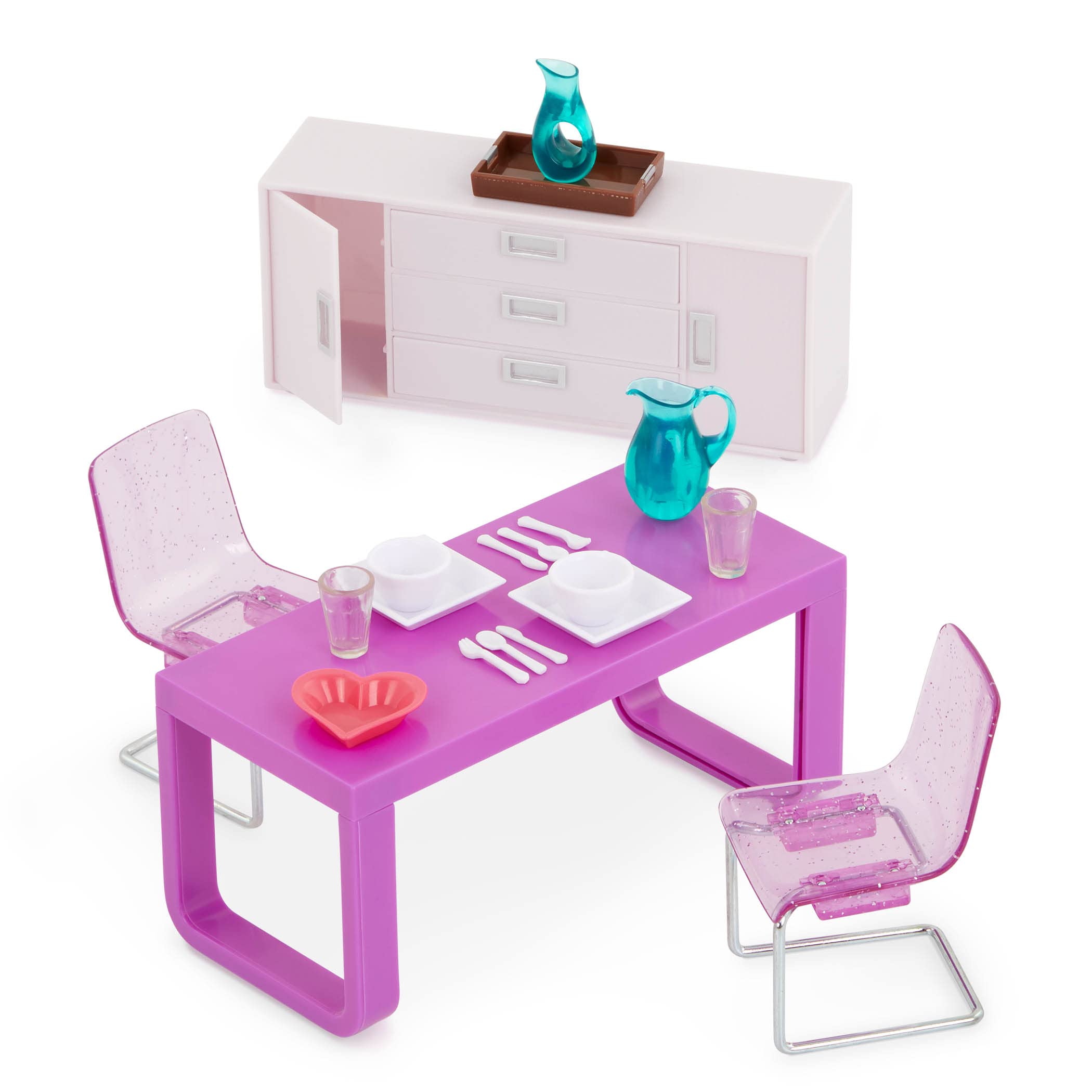 Lori – Mini Doll & Toy Dining Room Furniture – 6-inch Doll & Dollhouse Accessories – Table, Chairs, Dishes, Cutlery – Play Set for Kids – 3 Years + – Amelia’s Dining Room Set