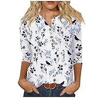 Tops for Women, Women Spring Summer 3/4 Sleeve Tops Casual Lapel Button Down Print Tee Blouse