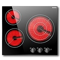 Karinear 24'' Electric Cooktop 3 Burners Ceramic Cooktop, Built-in Electric Stove Top Knob Control, Hot Warning, Over-Temperature Protection, 9 Power Setting, 220-240v, 5700W, Hard Wire (No Plug)