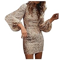 Sequin Dress for Women,Sexy Bodycon Mini Dress Elegant Formal Long Sleeve Crew Neck Casual Plus Size Sparkly Dress
