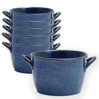 Pfaltzgraff Double Handle Bowls, Set of 6, Reactive Glazed Stoneware, Soup Crocks for French Onion Soup, Cereal, Beef Stew, or Pasta, Dishwasher and Microwave Safe, 30-fl. Oz (Blue)