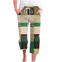 Vintage Print Capri Pants Women Summer Casual Loose Fit Crop Pants Drawstring Elastic Waist Lounge Pant with Pockets