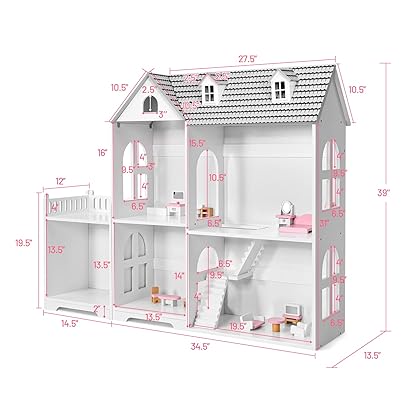 Costzon Kids Wooden Dollhouse, 2-in-1 Cottage Dollhouse Bookcase w/ 5 Rooms and Hidden Storage, 2 Tiers Pretend Toy Set w/ 14 PCS Furniture for Toddlers Playroom, Nursery, Gift for Girls & Boys (Grey)
