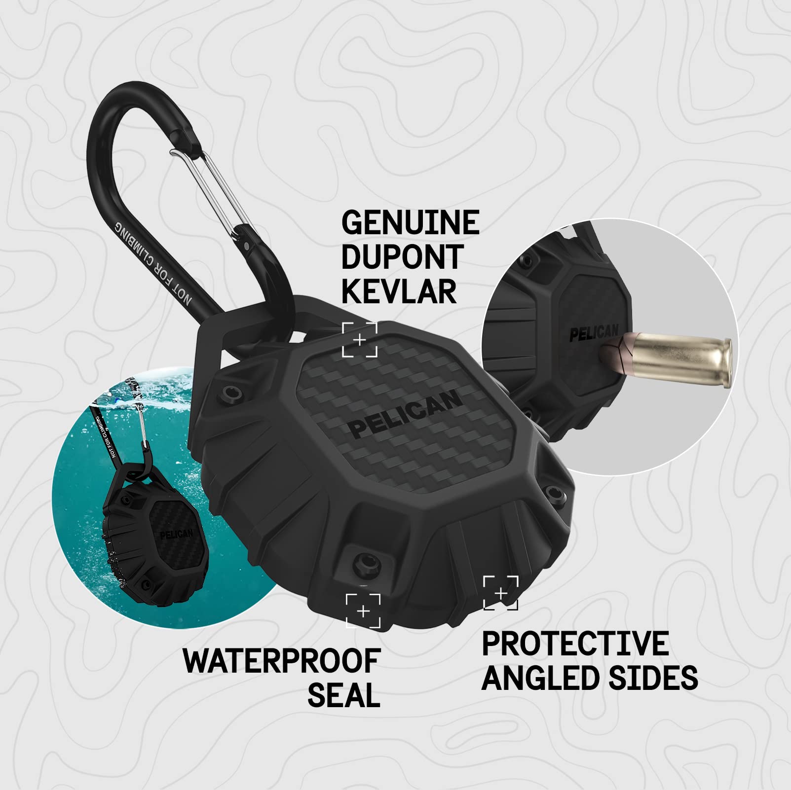 Pelican Marine AirTag Holder - Waterproof AirTag Keychain w/Carabiner Clip [Impact Resistant] [Travel Essentials] Protective Kevlar Apple Air Tag Case for Dog Collar, Backpack, Keys, Luggage - Black