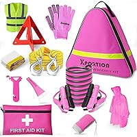 Car Emergency Kit, Roadside Emergency Car Kit, Roadside Assistance Kit for Teen Girls and Lady's Gifts with Jumper Cables,Tow Rope,and More Ideal Pink Accessories Tool（12Pcs）