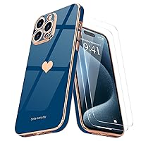 Teageo for iPhone 15 Pro Case with Screen Protector [2 Pack] Girl Women Cute Girly Love-Heart Luxury Gold Soft Cover Camera Protection Silicone Shockproof Phone Case for iPhone 15 Pro, Royal Blue