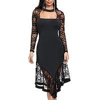 Andongnywell Women's Square Neck Floral Lace Dress Lace Long Sleeve Vintage Swing Dress Irregular Hem Party Dress