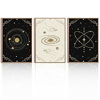 BINCUE Witchy Canvas Wall Art Dark Black Stars Sun Phases Wall Painting 16x24 Inch Mysterious Abstract Minimalist Decor 3 Pieces Framed