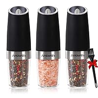 AmuseWit Gravity Electric Salt and Pepper Grinder Set of 3 - Battery Operated Automatic Salt and Pepper Mills with White Light,Adjustable Coarseness,One Handed Operation,Cleaning Brush,Black