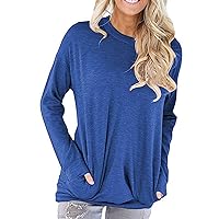Women's Long Sleeve Round Neck Loose T Shirts with Pocket Causal Shirts Tunic Blouses Tops Crew Neck Comfy T Shirt-Blue1-6XL