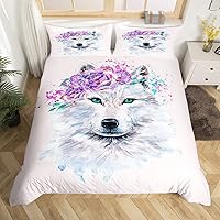 3D Wolf Bedding Set, with Green Eyes Wild Animal Blooming Flower Splash Watercolour Tie Dye Comforter Cover, Decorative 3 Piece Duvet Cover with 2 Pillow Shams, Full Size, Black White