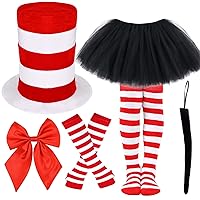 6 Pcs Cat Costume Set Include Red and White Stripes Top Hat 5-layered Tutu Skirt Bowtie Tail Gloves and Socks for Girls World Book Day Dress Up