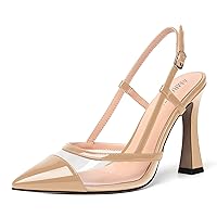 Womens Slingback Clear Fashion Pointed Toe Dress Shoes Chunky Dating Patent Sandals Stiletto High Heel Pumps Shoes 4 Inch
