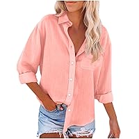 Womens Cotton Linen Button Down Shirts Rolled Sleeve Collared V Neck Tops Shirts Blouses Dress for Women Western Wear