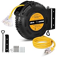 Suraielec 50 ft Extension Cord Reel, 14 Gauge Retractable Extension Cord, Sjtow 14 AWG/3C Heavy Duty Power Cord, 13 Amp Circuit Breaker, Lighted