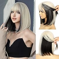 SAPPHIREWIGS Highlight Blonde Bob Wig for Women Platinum Blonde Mix Black Wigs with Bangs Synthetic Straight Hair Wig for Daily Party Halloween 14inch
